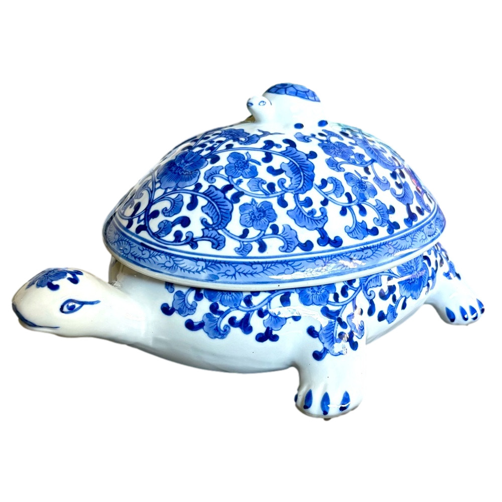 Blue White Chinoiserie Ceramic Turtle Canister Lidded Coastal Grandmillennial